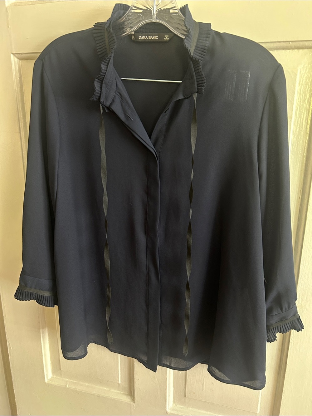 Zara Navy Ruffle Collar Tie-Front Blouse